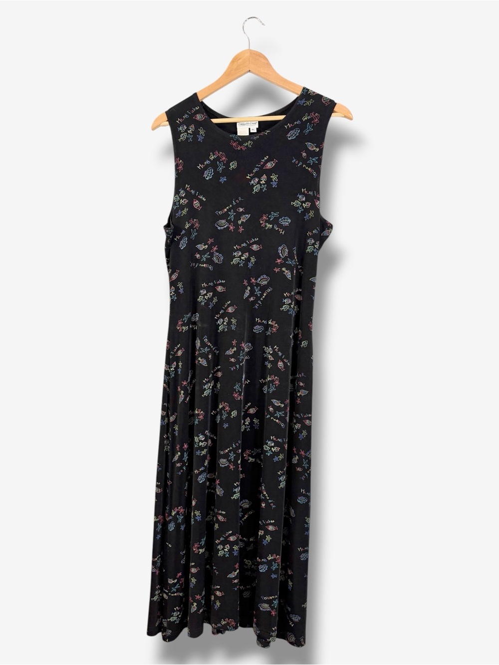 Coldwater Creek Black Maxi Dress PL Slinky Travelers Knit Fish Vacation Beachy